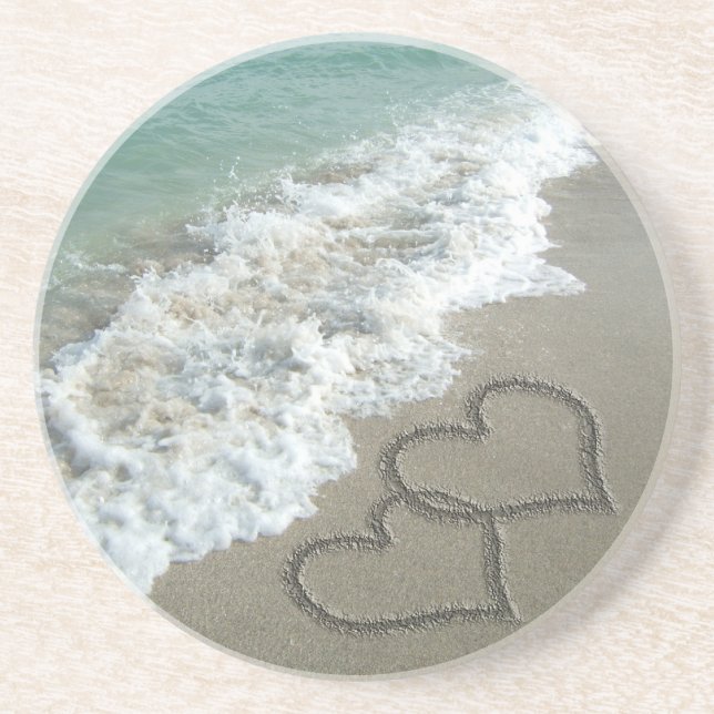 Dessous De Verre En Grès Deux Coeurs de sable sur la plage, Océan romantiqu (Devant)