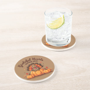 Dessous De Verre En Grès Dinde de Thanksgiving à Cœurs Reconnaissants