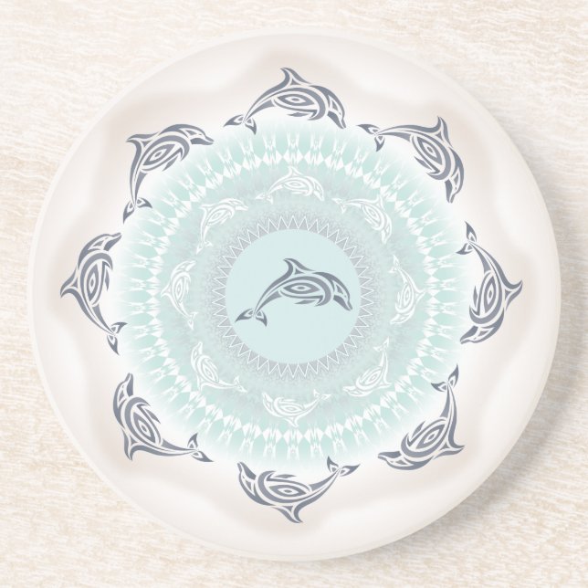 Dessous De Verre En Grès Dolphins Mandala Pale Blue Taupe Maritime (Devant)