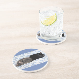 Dessous De Verre En Grès Douces Rêves Félin Parmi les Poissons Bleus