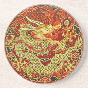 Dessous De Verre En Grès Dragon asiatique d'or brodé sur rouge foncé
