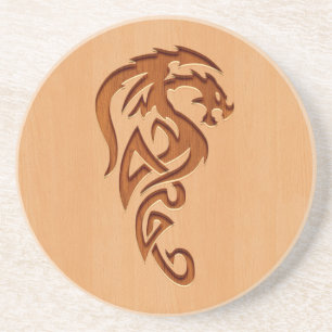 Dessous De Verre En Grès Dragon gravé sur l'effet en bois