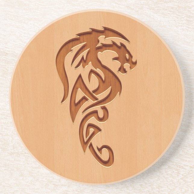 Dessous De Verre En Grès Dragon gravé sur l'effet en bois (Devant)