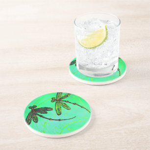 Dessous De Verre En Grès Dragonflies Superbe Vert & Turquoise Twist