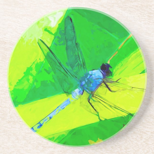 Dessous De Verre En Grès Dragonfly bleu sur l'impressionnisme Abstrait vert (Devant)