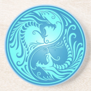 Dessous De Verre En Grès Dragons de Yin Yang, bleu-clair