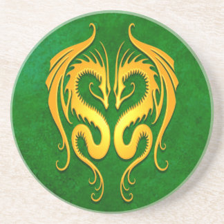 Dessous De Verre En Grès Dragons tribaux, vert et jaune