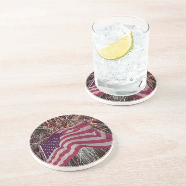 Dessous De Verre En Grès Drapeau américain et feux d'artifice (Côté)