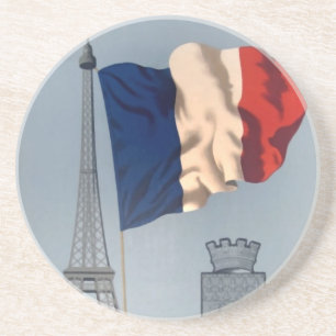 Dessous De Verre En Grès Drapeau national vintage et Tour Eiffel