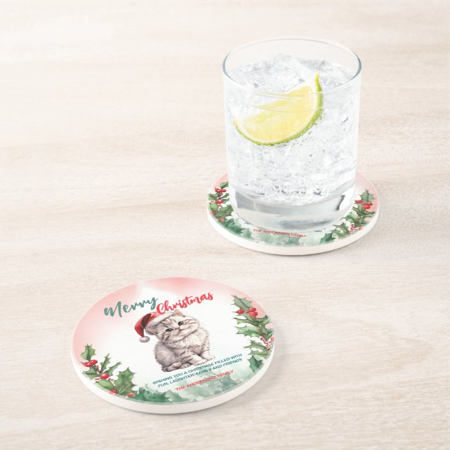 Dessous De Verre En Grès Drôle Joyeux Noël Wreath mignonne Chat chaton (Côté)