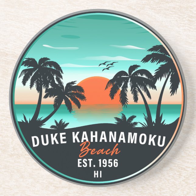 Dessous De Verre En Grès Duke Kahanamoku Beach Hawaii Retro Sunset Souvenir (Devant)