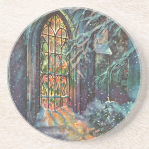 Dessous De Verre En Grès Eglise de Noël vintage avec vitre en verre
