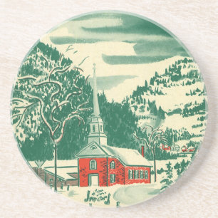 Dessous De Verre En Grès Église de Noël vintage, paysage enneigé en hiver
