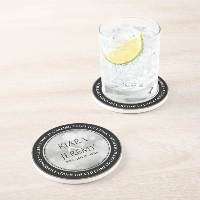 Dessous De Verre En Grès Élégant 25e anniversaire de Mariage d'argent (Côté)