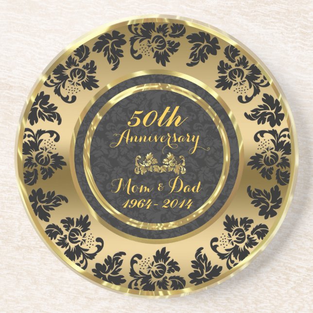 Dessous De Verre En Grès Élégant 50e anniversaire de Mariage Black & Gold (Devant)