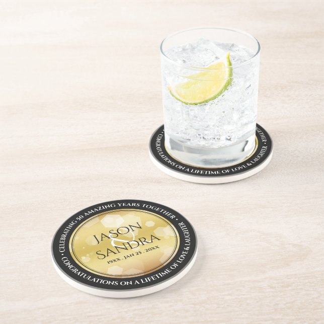 Dessous De Verre En Grès Élégant 50e anniversaire de Mariage d'or (Côté)