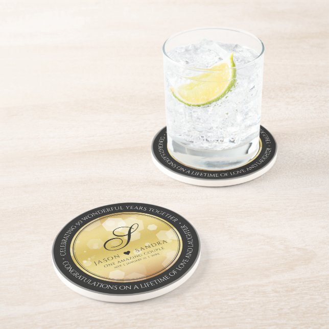 Dessous De Verre En Grès Élégant 50e anniversaire de Mariage d'or (Côté)