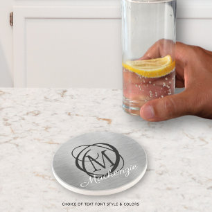 Dessous De Verre En Grès Élégant Argent Brossé Métal Monogramme Nom Élégant