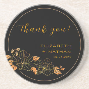 Dessous De Verre En Grès Elégant Black Gold Floral Mariage Merci Cadeau