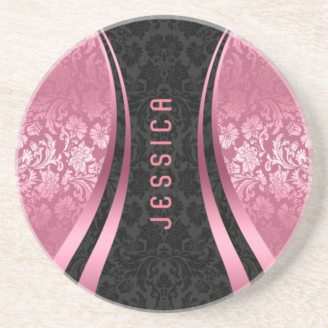 Dessous De Verre En Grès Élégant Damas Florales Noir Et Rose (Devant)