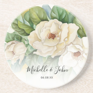 Dessous De Verre En Grès Élégant floral blanc Magnolia Script Noms Mariage