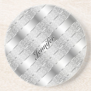 Dessous De Verre En Grès Élégant gris argenté rayures métalliques Monogramm