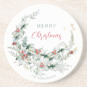 Dessous De Verre En Grès Elégant Joyeux Noël demi-couronne d'aquarelle caca