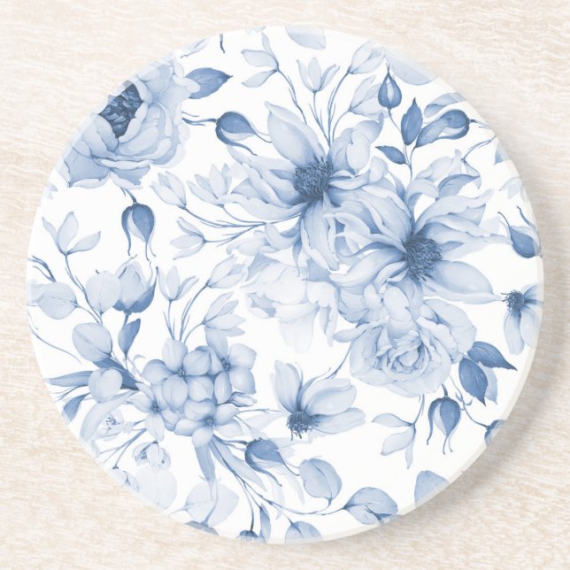 Dessous De Verre En Grès Élégant Mariage Floral Bleu (Devant)