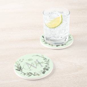 Dessous De Verre En Grès Élégant Monogramme Aquarelle Botanique Nom de fami