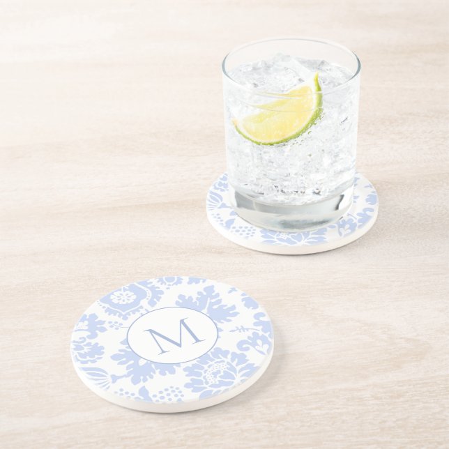 Dessous De Verre En Grès Élégant Monogramme Bleu Floral Botanique (Côté)