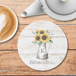 Dessous De Verre En Grès Élégant Monogramme Rustique Tournesol Eucalyptus