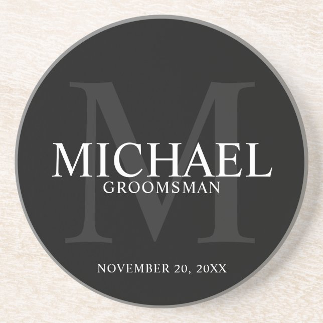 Dessous De Verre En Grès Élégant Noir Personnalisé Groomsmen (Devant)