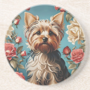 Dessous De Verre En Grès Elégant Yorkshire Terrier Portrait Rose Garden