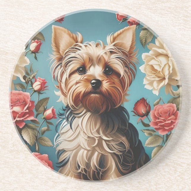 Dessous De Verre En Grès Elégant Yorkshire Terrier Portrait Rose Garden (Devant)