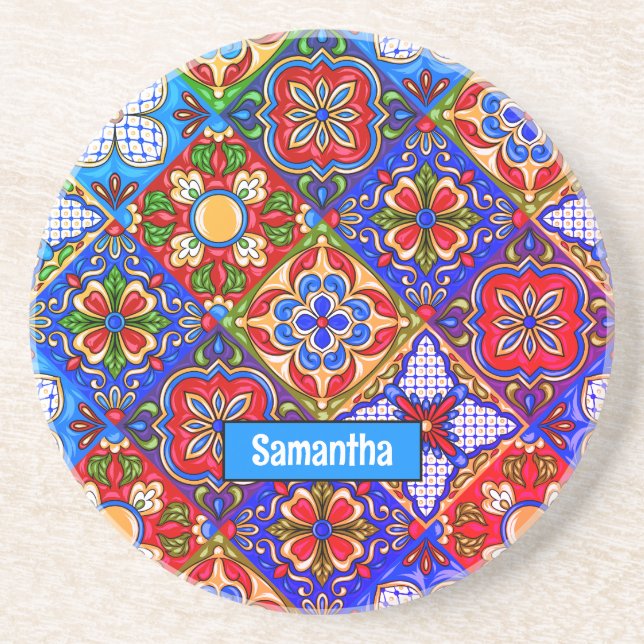 Dessous De Verre En Grès Elégante talavera mexicaine carrelage bleu violet  (Devant)