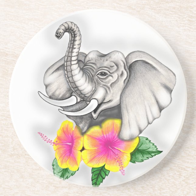 Dessous De Verre En Grès Eléphant avec Hibiscus Design (Devant)