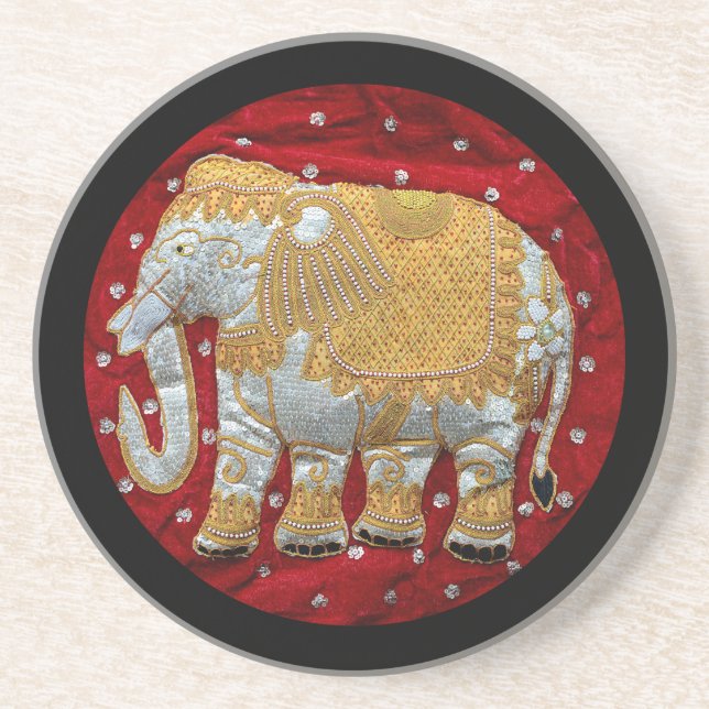 Dessous De Verre En Grès Eléphant Indien inscrit rouge et or (Devant)