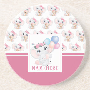 Dessous De Verre En Grès Éléphant Rose Féminin avec Nœud et Motif de Ballon