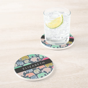 Dessous De Verre En Grès Eléphants colorés, Motif d'éléphants, Votre nom