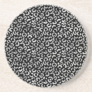 Dessous De Verre En Grès Empreinte de léopard noir glam argent