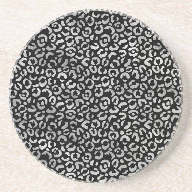 Dessous De Verre En Grès Empreinte de léopard noir glam argent (Devant)
