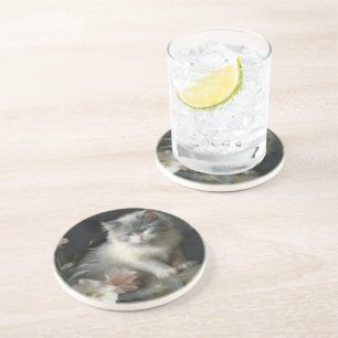 Dessous De Verre En Grès En Compagnie De Fleurs Gris et Blanc Kitten