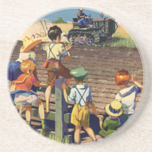 Dessous De Verre En Grès Enfants vintage faisant signe à un agriculteur loc