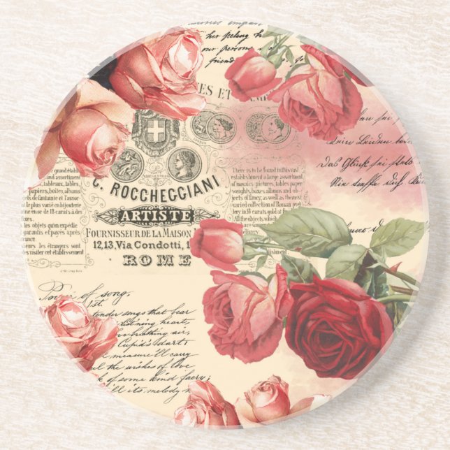 Dessous De Verre En Grès Ephémère Vintage Roses roses (Devant)