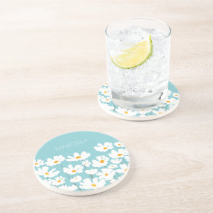 Dessous De Verre En Grès Été Blanc Fleurs Cosmos Nom personnalisé