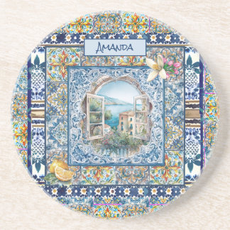 Dessous De Verre En Grès été italie carreaux bleu floral citrus monogramme