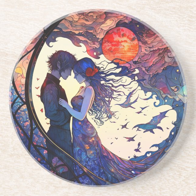 Dessous de verre en grès faux vitrail de couple (Devant)