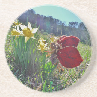 Dessous De Verre En Grès fée à aile rouge et jonquilles