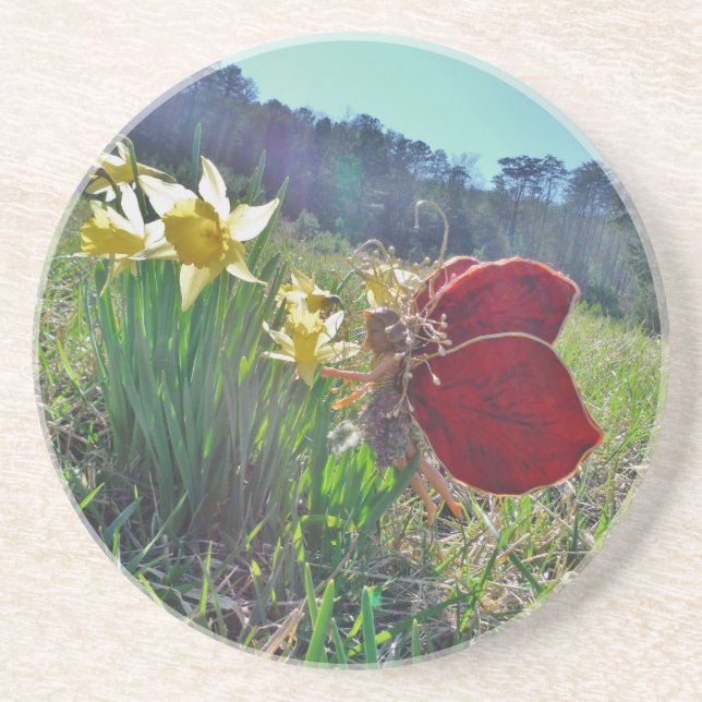 Dessous De Verre En Grès fée à aile rouge et jonquilles (Devant)