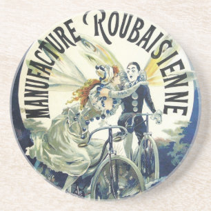Dessous De Verre En Grès Fées Art Nouveau Vintage, Pierrot Bicyclette Lune
